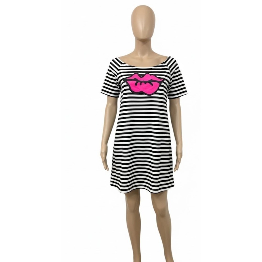 BETSEY JOHNSON Black White Stripe Pink Lips Mini Dress T-Shirt Shift Y2K 00